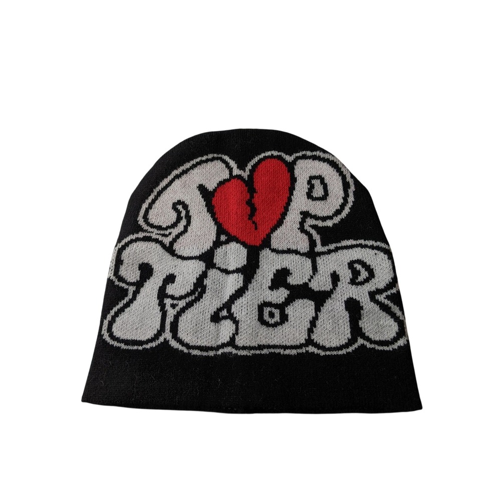Top Tier Y2K Broken Heart Graphic Beanie Black Streetwear Knit Hat One Size